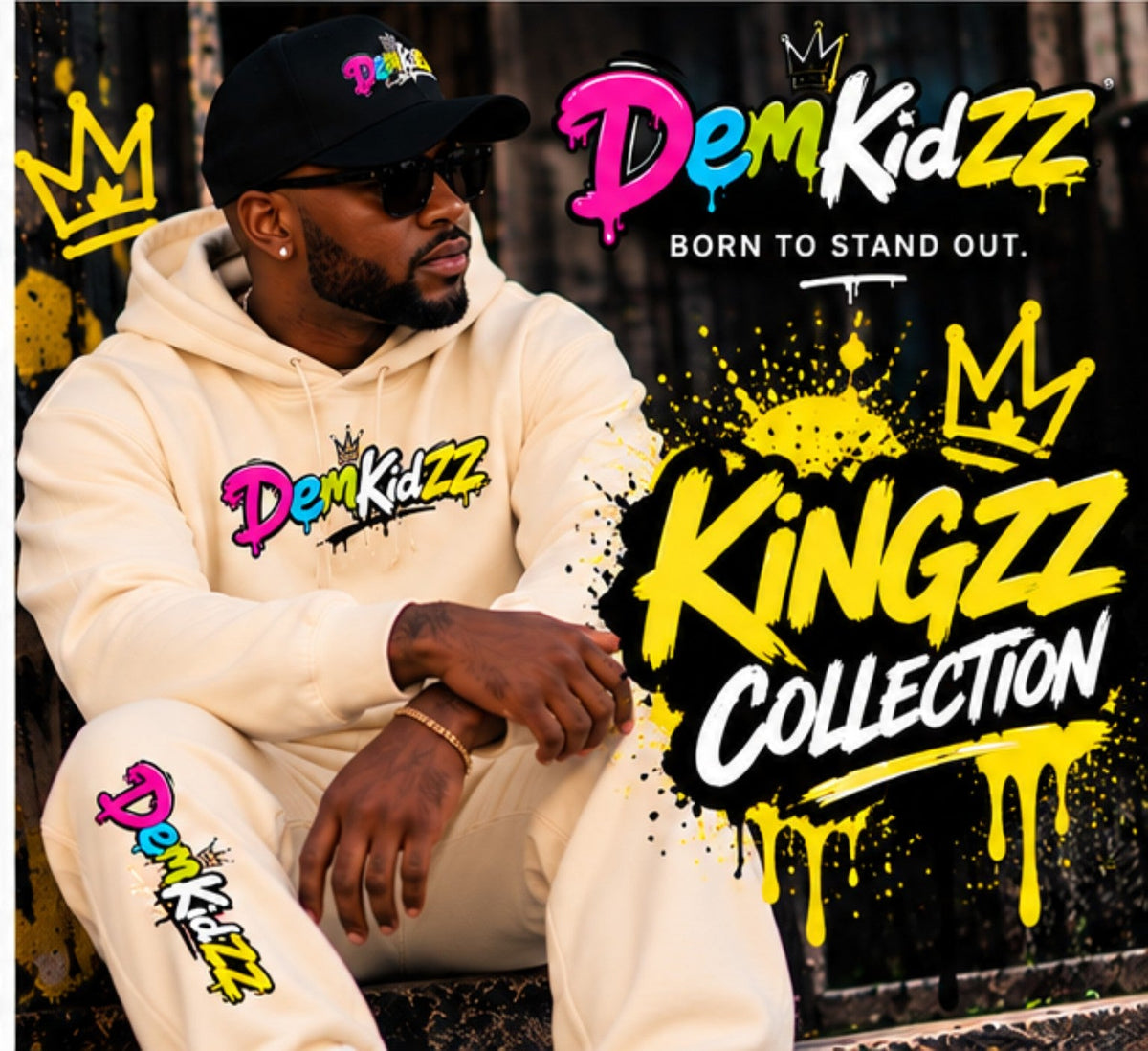DemKidZZ KingZZ Collection, model in cream branded tracksuit