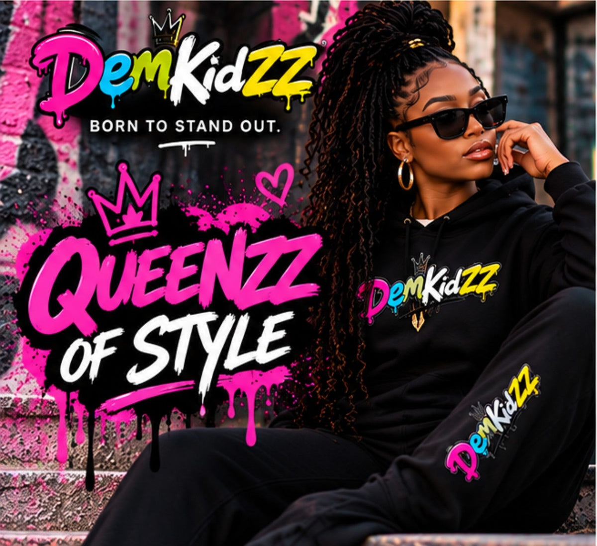 DemKidZZ QueenZZ of Style, model in black branded tracksuit