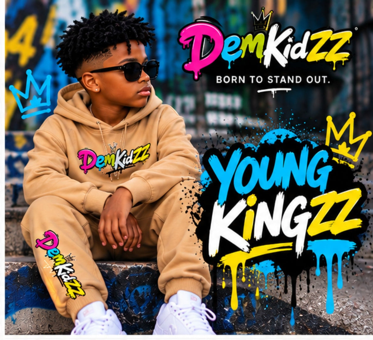 DemKidZZ Young KingZZ, child model in tan tracksuit