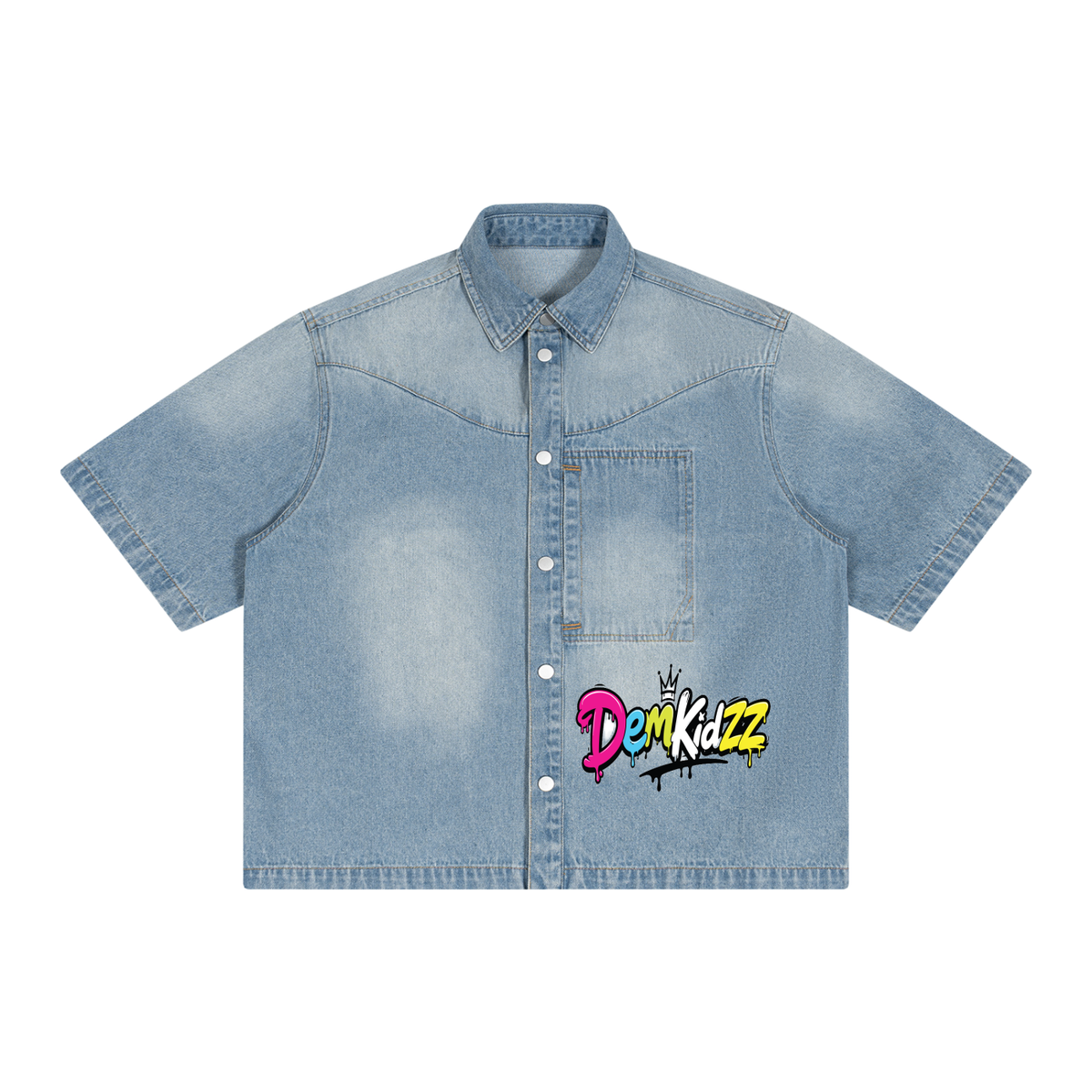 Unisex Vintage Wash Boxy Short Denim Shirt